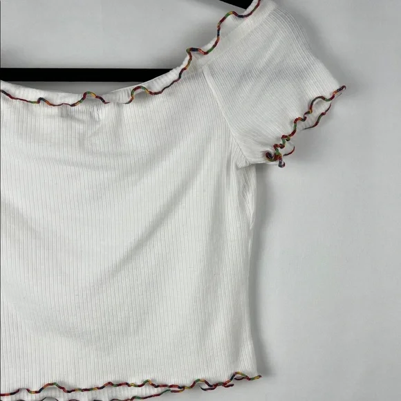 love, Fire White Rainbow Ruffled Off Shoulder Crop Top - Picture 10 of 15